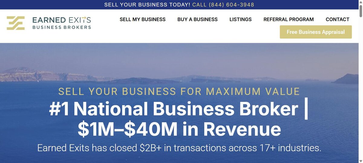 Earned Exits homepage showing the number one national business broker claim and 2 billion dollars in transactions